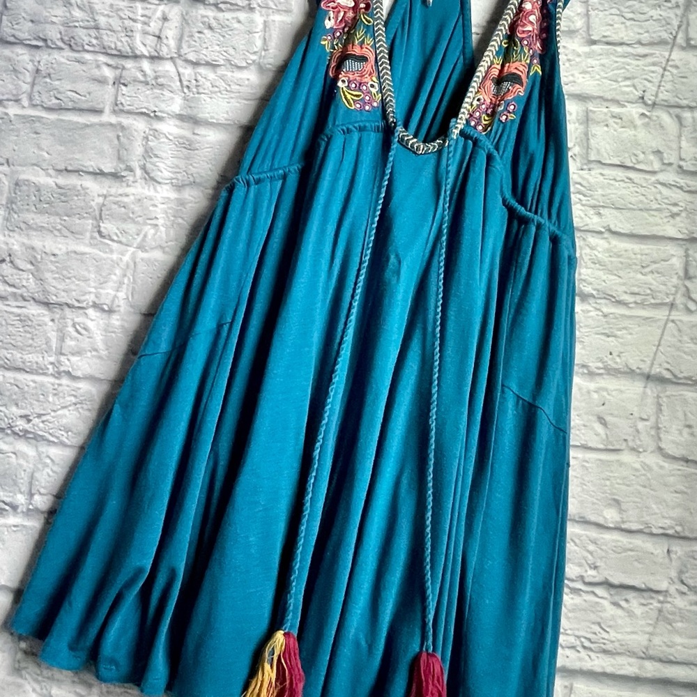 Free People Teal Embroidered Dress Medium - Picture 9 of 16